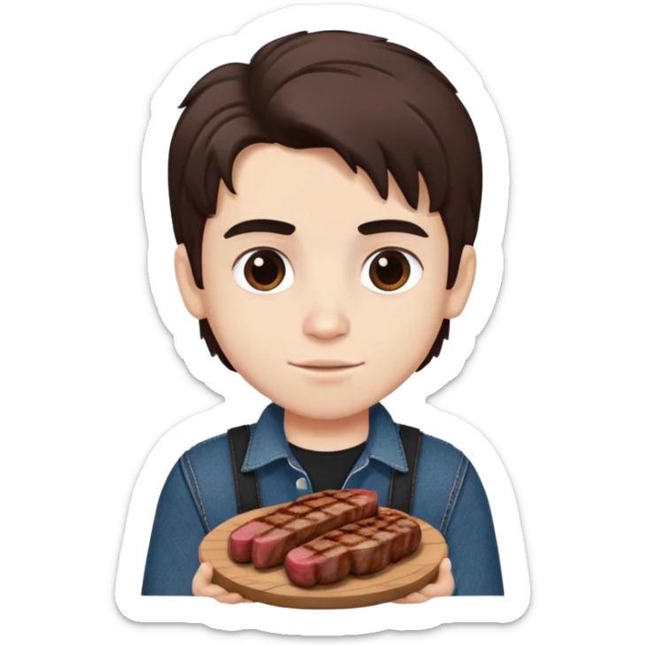 Turkish beautiful finish Konya boy white skin and good hair and brown eyes with black and denim clothes and had on his hand grilled meat sticker