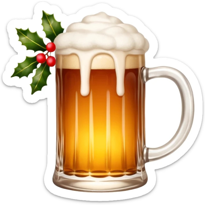 Scandinavian-style Christmas beer mug with frothy top, surrounded by holly and festive lights, warm and inviting sticker