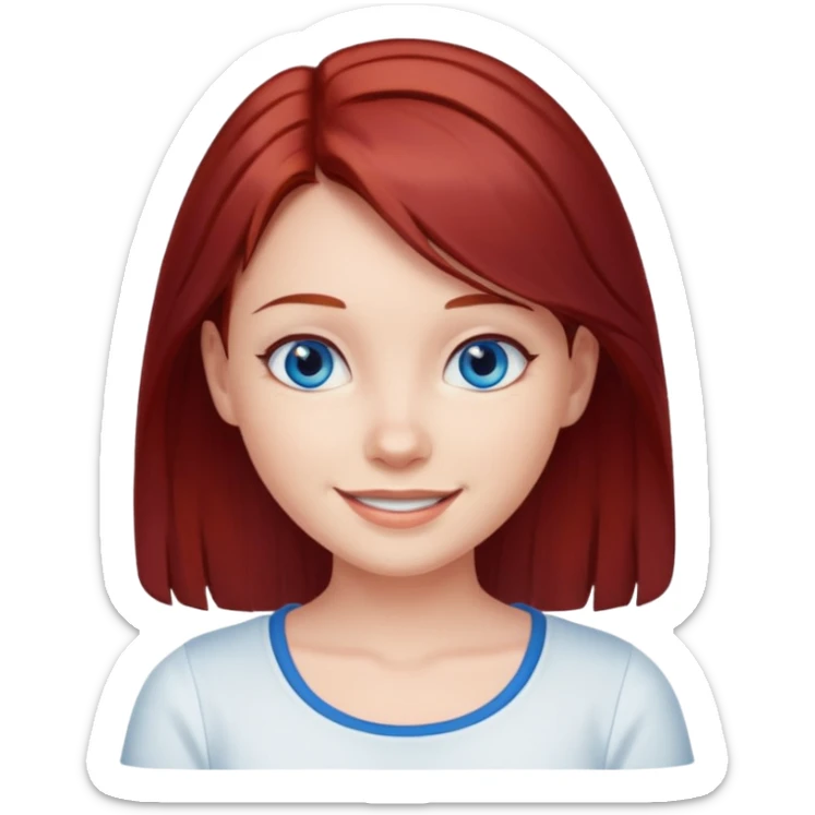 generate a young girl with dark red hair in a white top. she is supposed to have blue eyes  sticker