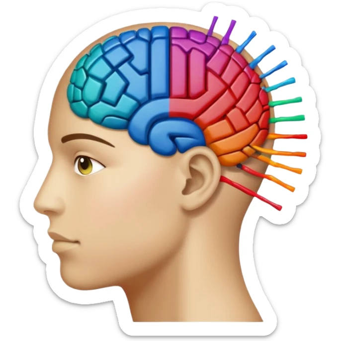 Un cerebro dividido a la mitad; el lado izquierdo está formado por puntos y ceros (0101), y el lado derecho por manchas de pintura de colores vibrantes. sticker