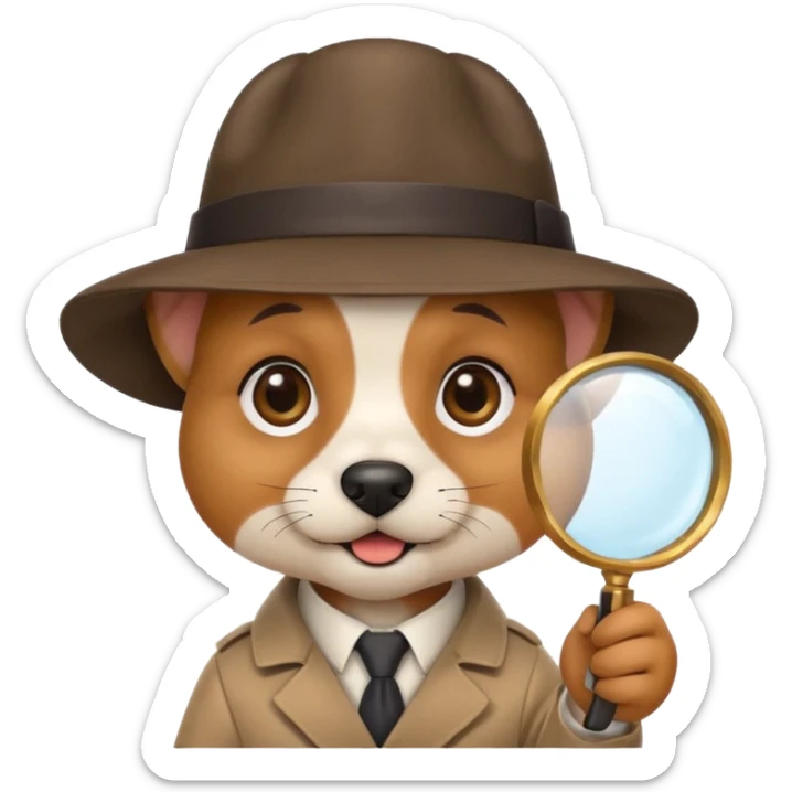 cute dog face emoji wearing detective hat, holding magnifying glass, friendly playful expression, simple bold lines, apple emoji style sticker