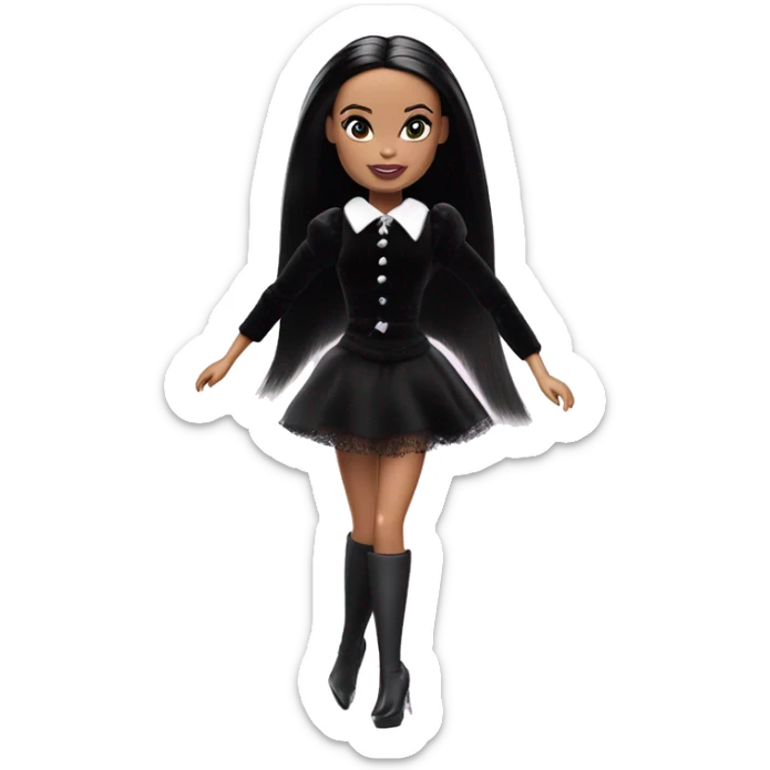  Bunny Wednesday Addams Barbie dancing.  Pretty face. Longer hair, short black flowing strapless evening gown with  plunging neckline that’s off-the-shoulders that also shows her legs and black shiny velvet high heel shoes. sticker