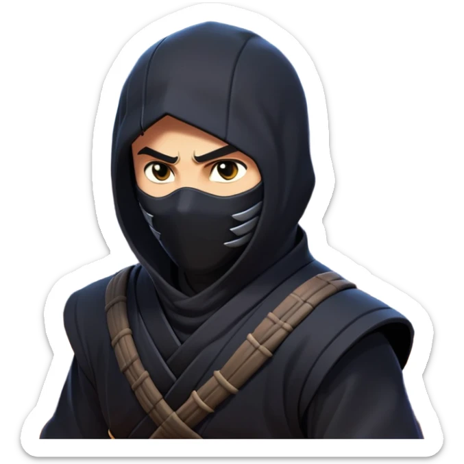 clash-of-clans-aesthetic_-cinematic-mysterious-male-ninja-portrait-emoji, rendered in a flat, vector-style with minimal shading and bold, simplified shapes, with a head slightly turned revealing intense, focused eyes, perched crouched next to an agile trained panther with glossy fur moving silently through shadowed urban rooftops and moonlit alleyways. sticker