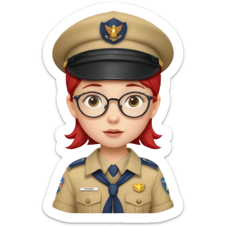 scout girl baby with uniform including the hat,  little with glassess and red hair sticker