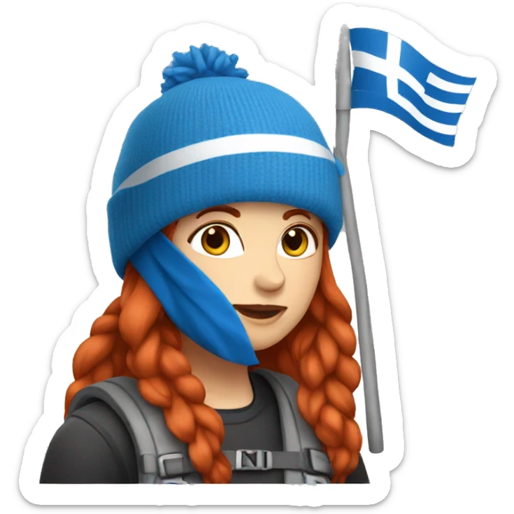 female mountaineer red hair blue beenie with easter egg and greek flag  sticker