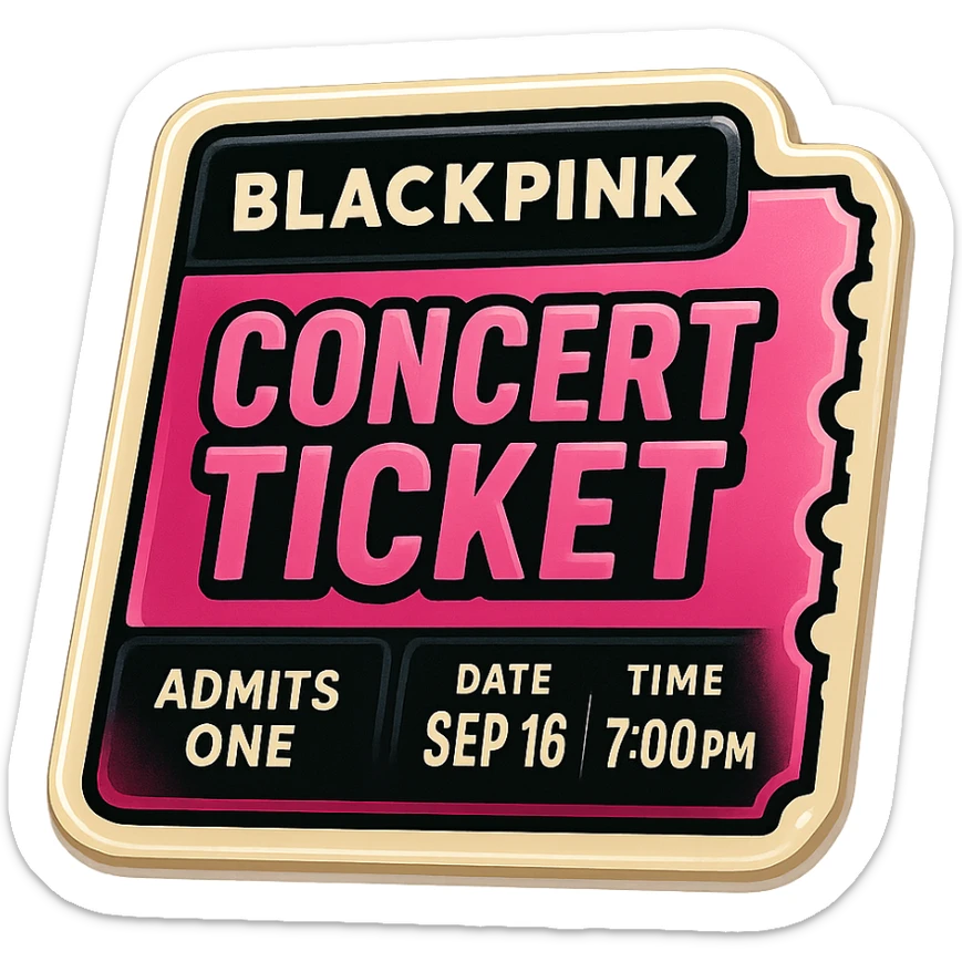 concert ticket, retro sticker style, black and pink, bold outlines, vibrant and fun, BLACKPINK pop star theme sticker
