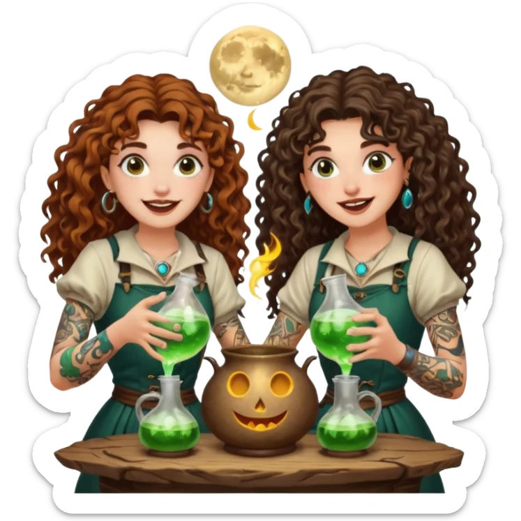 forest alchemist duo two women curly long hair tattooed and short brown mullet mixing glowing moon potion together excited faces sticker