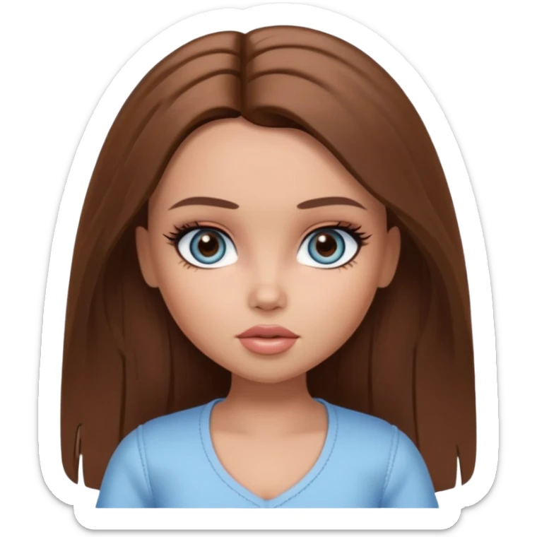 Pretty Bratz doll baddie, straight brown mid lenght hair, pale-tanned skin, natural makeup, light blue-grey eyes sticker