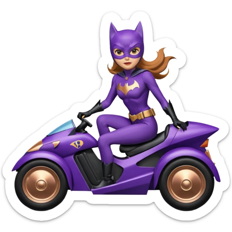 Hot full size real-appearance racing action BatGirl’s purple tights sixty’s tv show 1992 stealth retro cat burglar sporty petite off-road pursuit mobile cruiser car rose gold accents (reclined and relaxed seating position and attitude) sticker