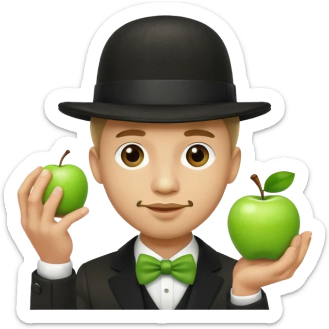 homme en costume chapeu melon aven avec une pomme verte dqui cache son visage  sticker