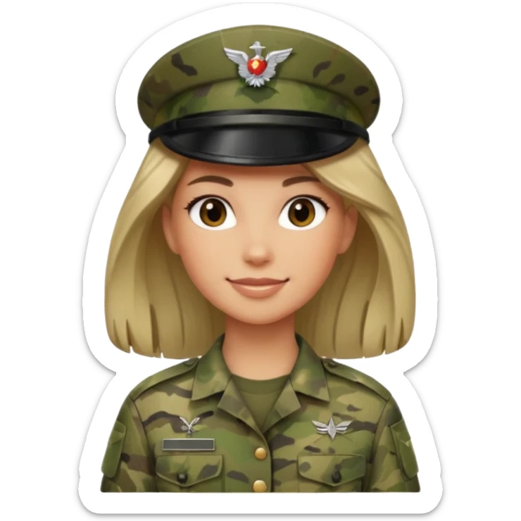 Female soldier emoji in Apple style, no cap/helmet, bust portrait, gentle smile, generic camo, hair visible, soft gradients, transparent PNG sticker