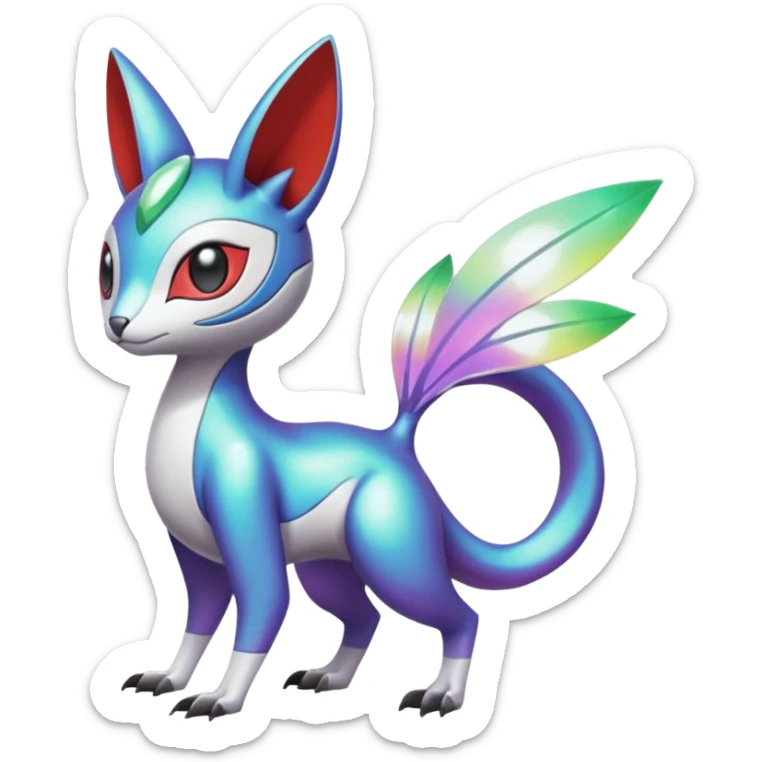 Shiny Colorful Tropical Exotic Futuristic Cyber-Vernid-Trico-Meloetta-Latias-Koraidon-Peppercat-Protogen-Pokémon-Digimon-Fakémon-fusion-hybrid-creature sticker