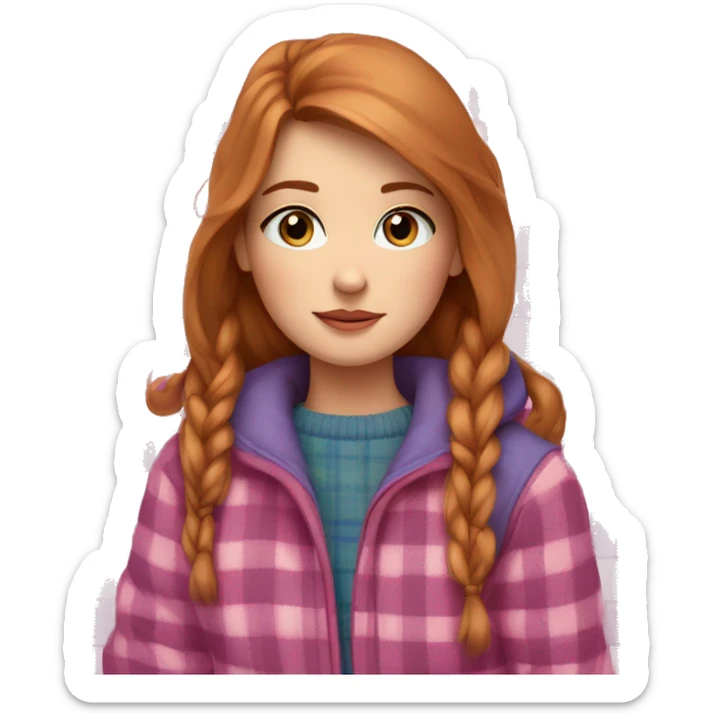 a girl with light reddish brown hair and blue eyes lies under a winter pink plaid sticker