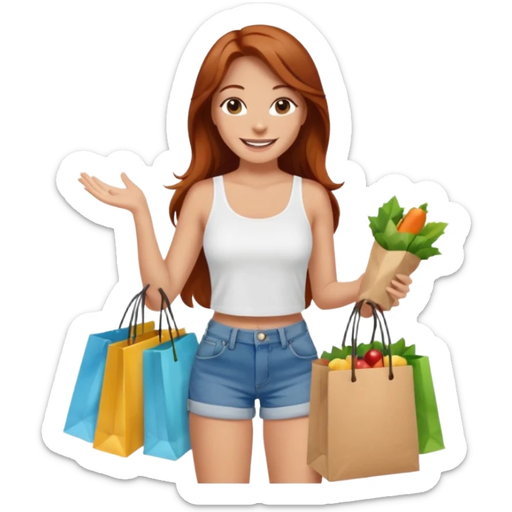 Mujer joven blanca de contextura media sonriendo con cabello largo cobrizo vestida con top blanco y short de jean con bolsas de compras sticker