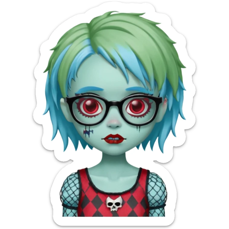 Ghoulia yelps monster high doll in scene/emo style cherry print dress with fishnet sleeves, clothes, thin, small, red, rectangle glasses, pale white-blue skin, pale-green short shaggy hair , zombie scars , boy sticker