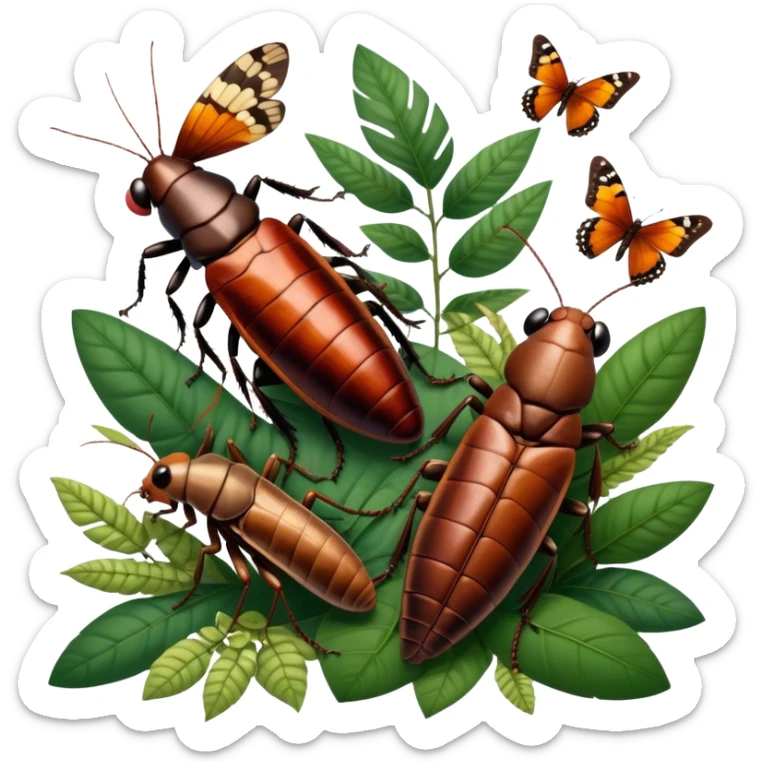 Close-up of giant Madagascar hissing cockroaches, butterflies, and stick insects in their natural habitat. The insects are shown in detail, highlighting their unique textures and colors, surrounded by plants and leaves. Soft lighting to enhance their features. Transparent background. sticker