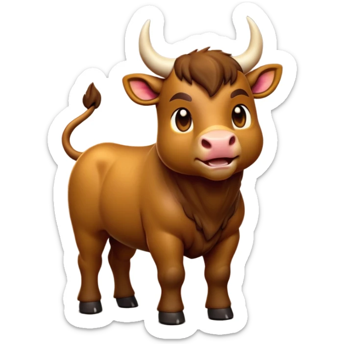 cinematic-[brown bull]-realistic-full-body-standing-emoji,-tail-flicking-lazily,-head-tilted-dramatically,-sleek-[brown]-fur,-simplified-yet-realistic-focused-features,-highly-detailed,-glowing-with-an-almost-sarcastic-glow sticker