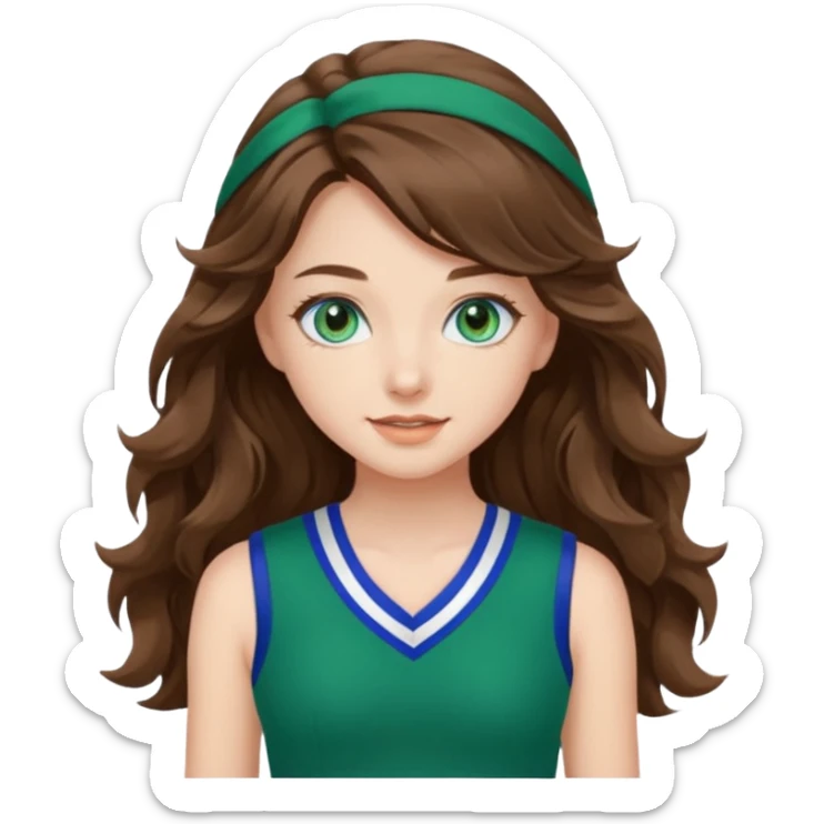 A pretty girl has blue eyes, her hair is brown long wavy hair, and wear green Hawkins cheerleader uniform sticker