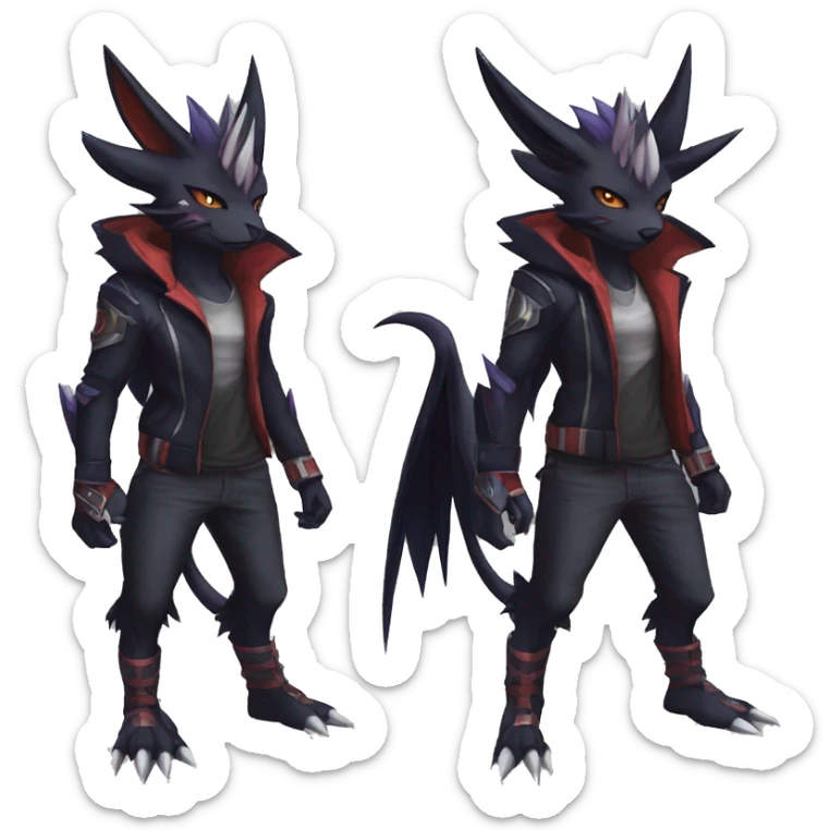 Cool Anthro Black Noivern-Absol-Litten-Pokémon with edgy stripes hoodie spiked collar punk Full Body sticker