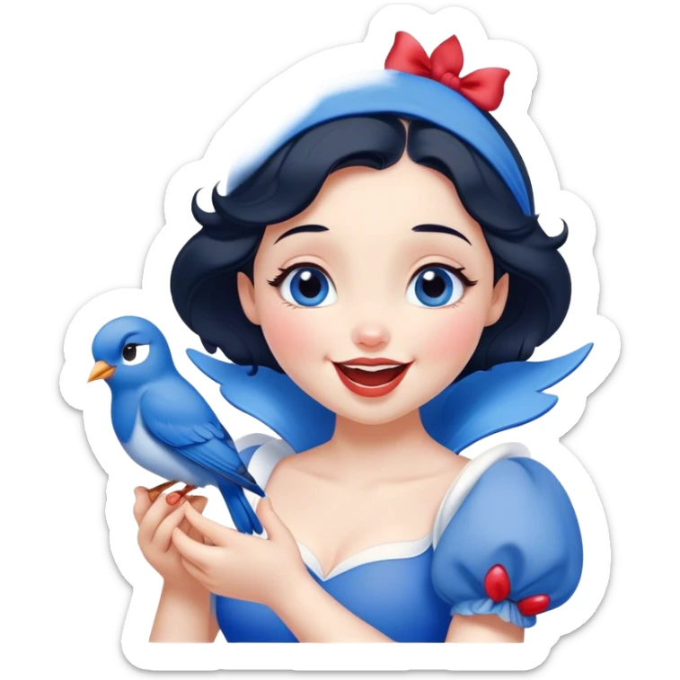 Cinematic Adorable Snow White Portrait Emoji, Giggling as a bluebird perches on her finger, cheeks rosy with joy, bright expressive eyes full of wonder, her innocence and beauty blending into a heartwarming moment! sticker