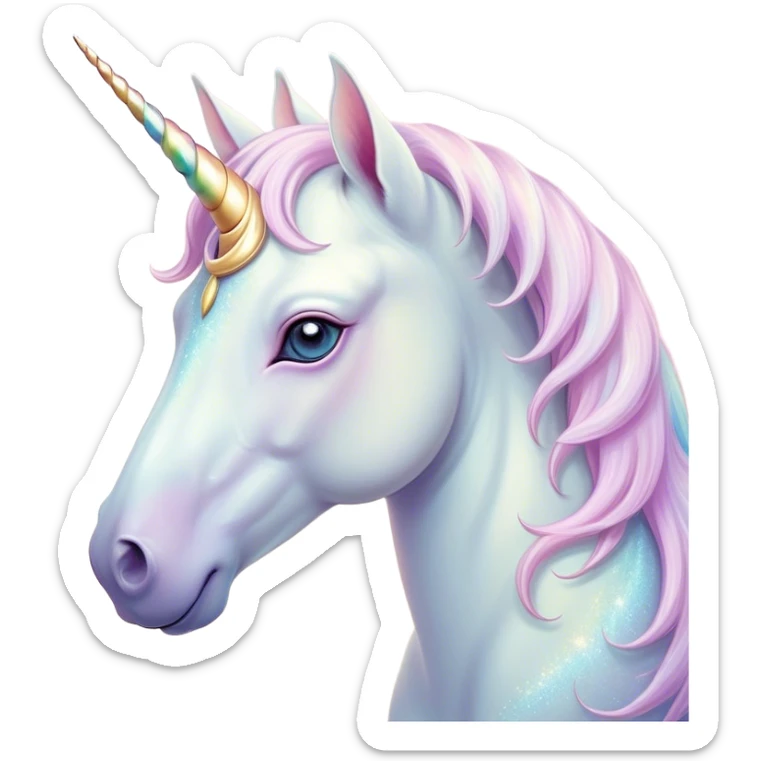 Beautiful and Majestic Unicorn Pony Portrait Emoji, Head and body radiating gentle magic with a soft pastel color, a delicately sparkling horn and eyes gently closed in peaceful wonder, Simplified yet exquisitely endearing features, highly detailed, glowing with a soft, ethereal light, high shine, serene and utterly majestic, stylized with an air of fairy-tale regality, soft glowing outline, capturing the essence of a beautiful and majestic unicorn pony that embodies the enchanting spirit of a dream! sticker