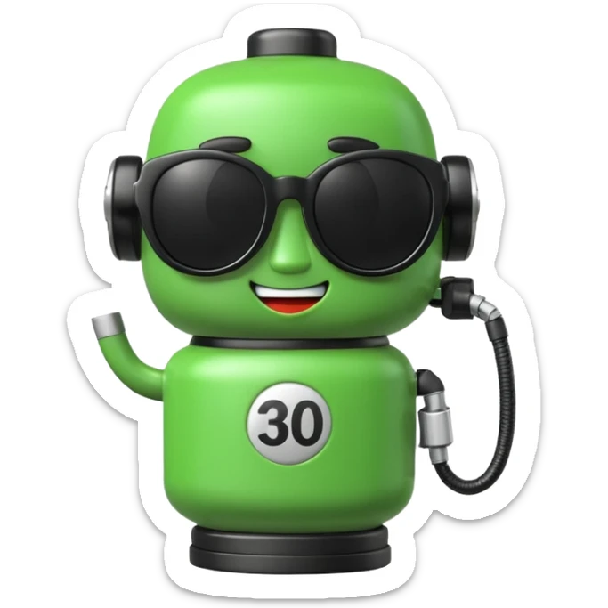 A cute 3D icon of a green gas pump character wearing oversized black sunglasses. Round and chubby proportions, glossy toy-like texture, soft pastel lighting, friendly expression, smooth edges, high-quality render, isolated on a transparent background. sticker