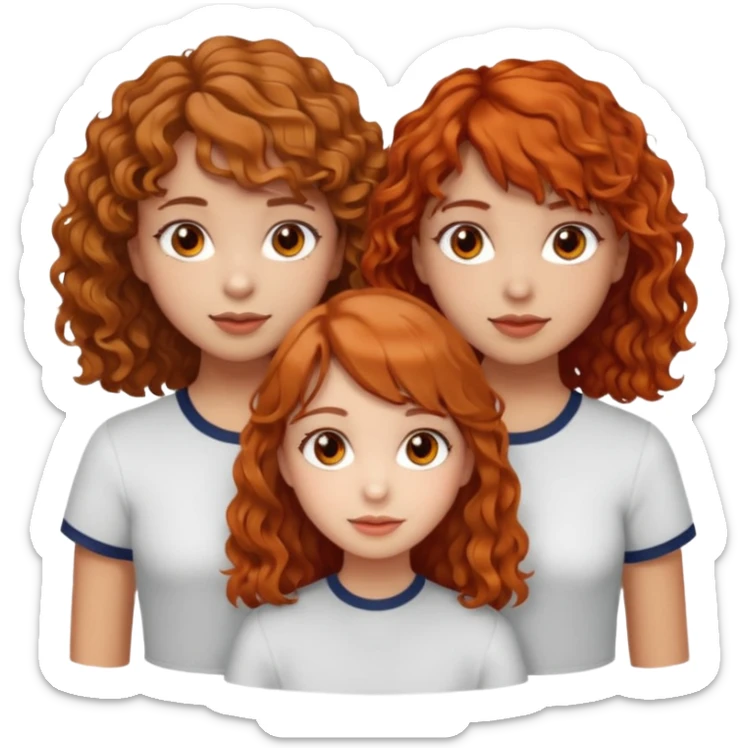 three girls together, left girl light skin curly brown hair brown eyes, center girl light skin wavy orange hair light brown eyes, right girl light skin light brown hair with bangs brown eyes sticker