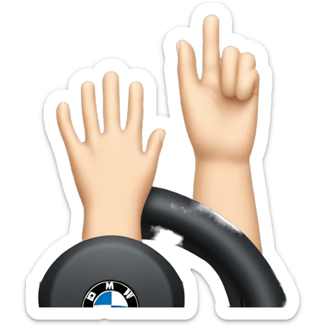 A woman's manicured hand rests on the steering wheel of a BMW sticker