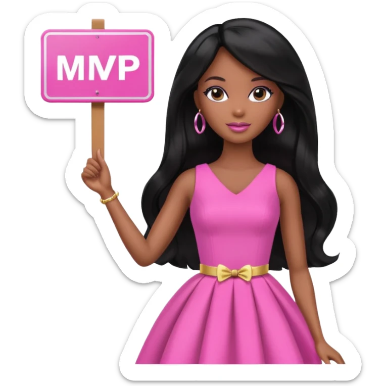 Black barbie, long black  hair, pink dress holding mvp sign  sticker
