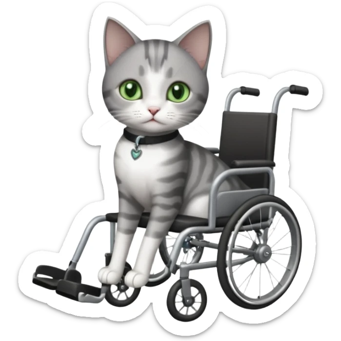 full body small short hair dark grey and white cat with green eyes walking in a wheelchair for cats sticker