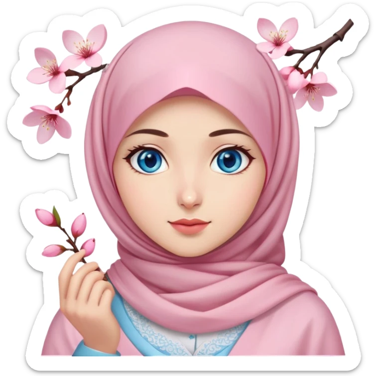 Turkish beautiful finish Konya girl blue eyes with light pink hijab islamic dress and had on her hand cherry blossom sticker