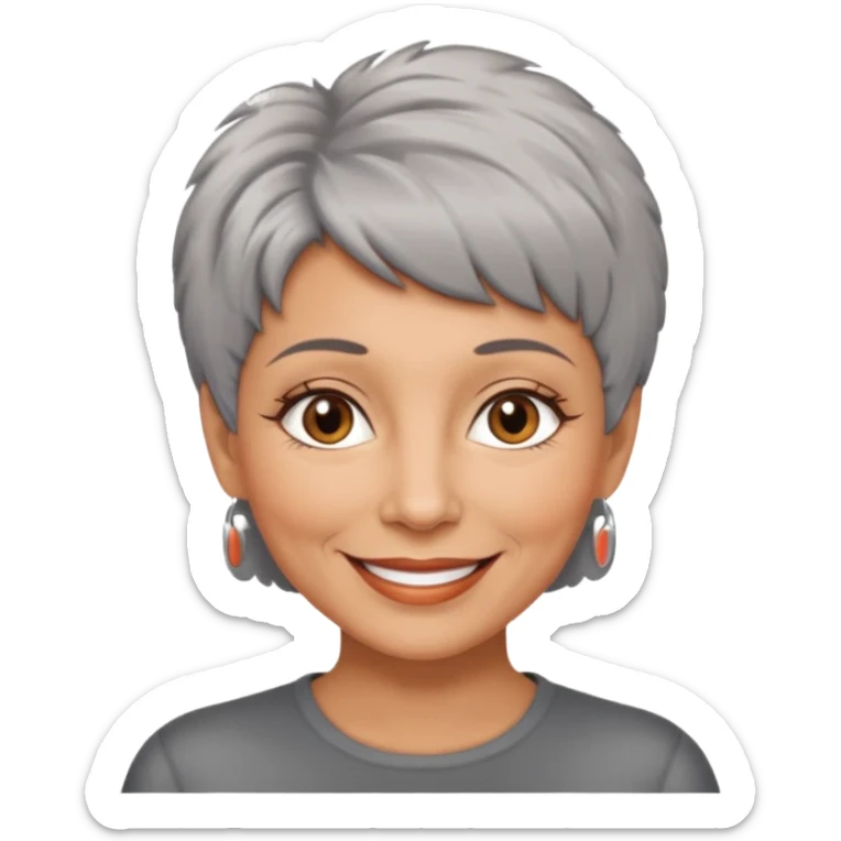 woman 50 years old, short grey fluffy cut hair, tannes skin and brown eyes sticker