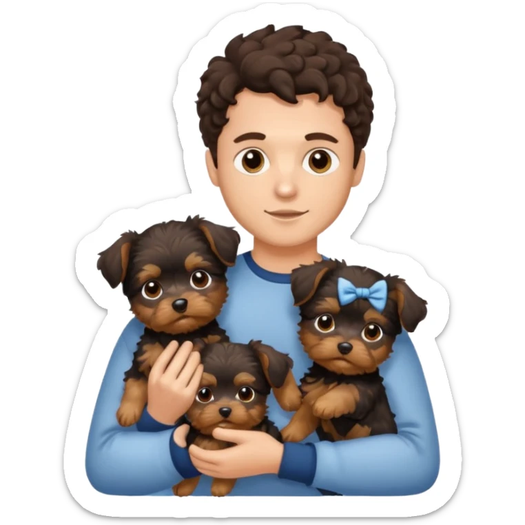 young man with dark brown curly hair, deep set eyes with two Yorkie puppies sticker