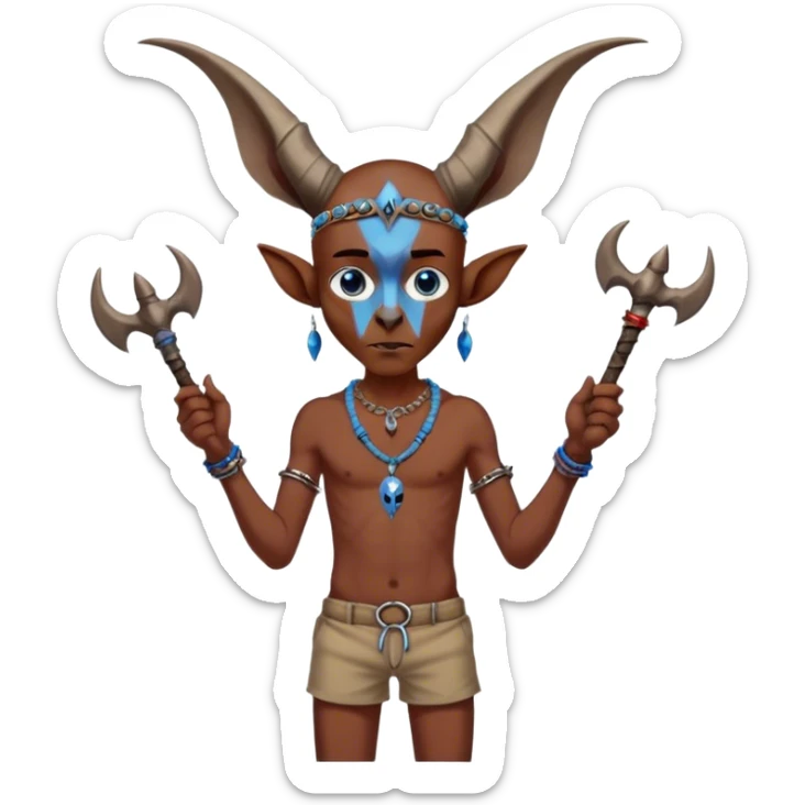 Red brownish figure with blue eyes a horn on his head long ears a skull necklace arms banded with something and a small bat with a band banded to the handle and the bottom being brown wearing a skinny brown short to cover his you know and but and long nails and long toenails sticker