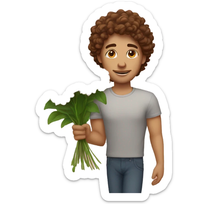 White man with brown, curly hair holding flowers in his right hand and a sign reading “Julia<3” in his left hand sticker