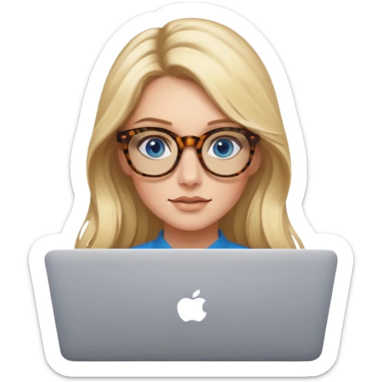  long blown out blonde hair woman blue eyes with tortoise shell print glasses on mac book  sticker