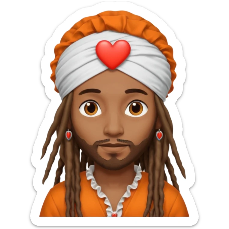 Brownskin man with long dreadlocks orange shirt add white ruffled turban with heart eyes sticker