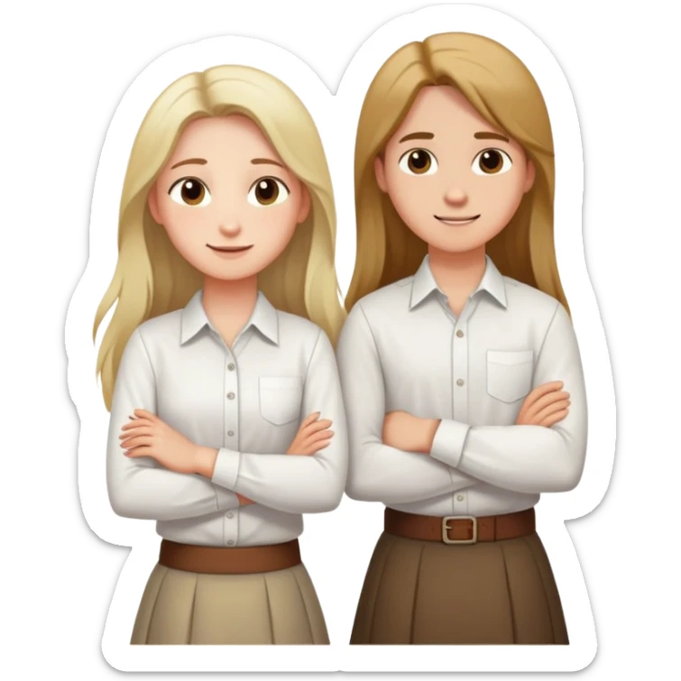 A boy in a white shirt and a girl with long hair in a skirt crossed their arms over their chests - with happy faces sticker