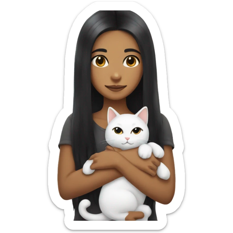 girl with very long black hair and caramel skin hugging a white cat sticker