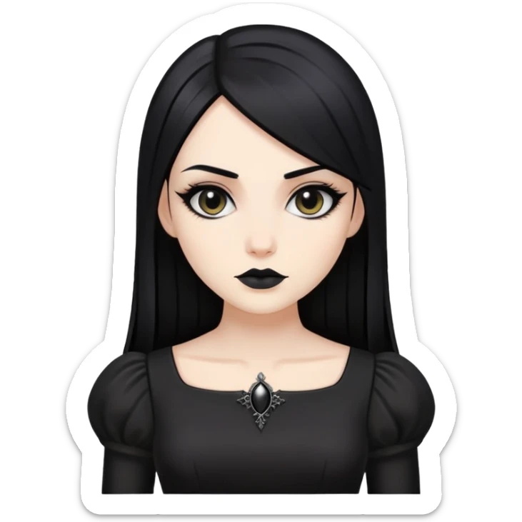 A gothic, pretty, woman with sleek black hair, gothic  black dress sticker