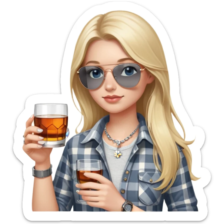 girl
blue eyes
long blond hair with daisy in it
wearing grey/white plaid shirt
wearing aviator sunglasses
wearing silver necklace around her neck
holding a glass of whiskey 
wearing rose gold apple watch  sticker