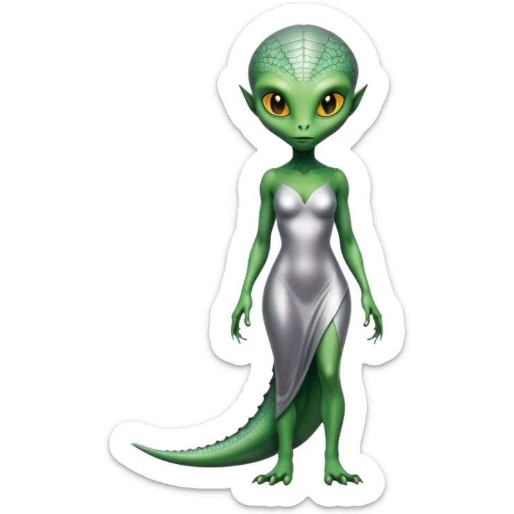 Green Alien reptilian woman in silver dress, full figure, yellow eyes, no tail sticker