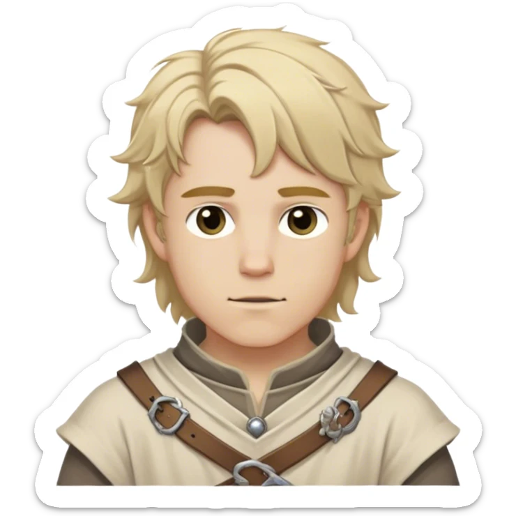 Medieval spring outfit worn by a DnD themed fantasy male character. Oatmeal-colored cotton tunic with pewter buttons at the collar, wrapped with a wide woven belt in earth tones. Clothes only above the waist, full waist coverage. The character has no arms. Character is white-skinned with sandy blonde hair, stormy gray eyes, and medium-length tousled hair. sticker