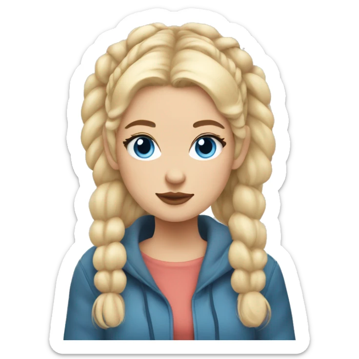 Girl, cozy, half up blonde hair with space buns, blue eyes, blanked sticker
