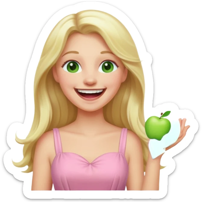 blonde with long hair and green eyes, wearing a pastel pink dress, laughing, iOS Apple emoji style sticker