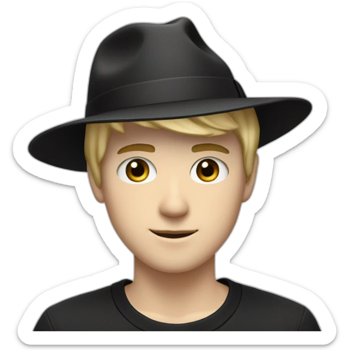 One side smirking white male teenager, with short blond hair wearing a small black fedora hat, and a black adidas long sleeve sweater sticker