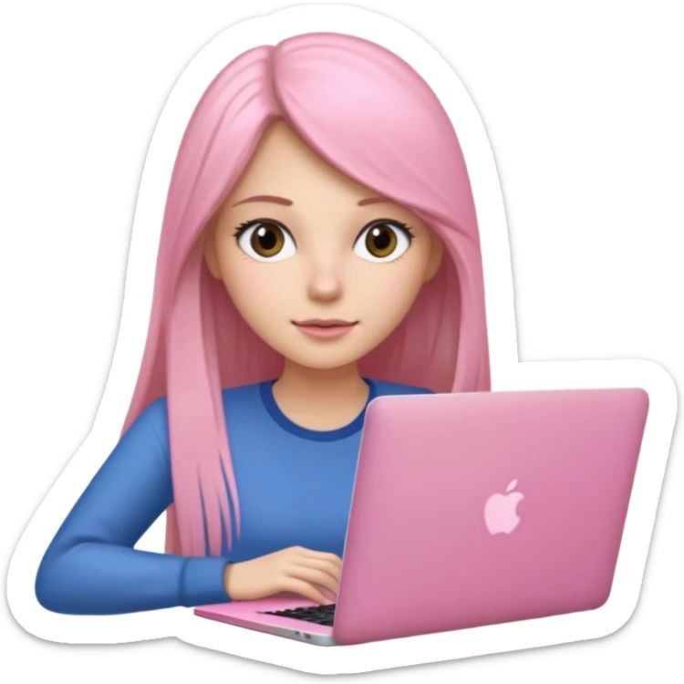 Mujer lacia peli larga y peli larga  en una MacBook rosa investigando y haciendo tareas con un libro de apuntes y con cara muy linda como modelo sticker