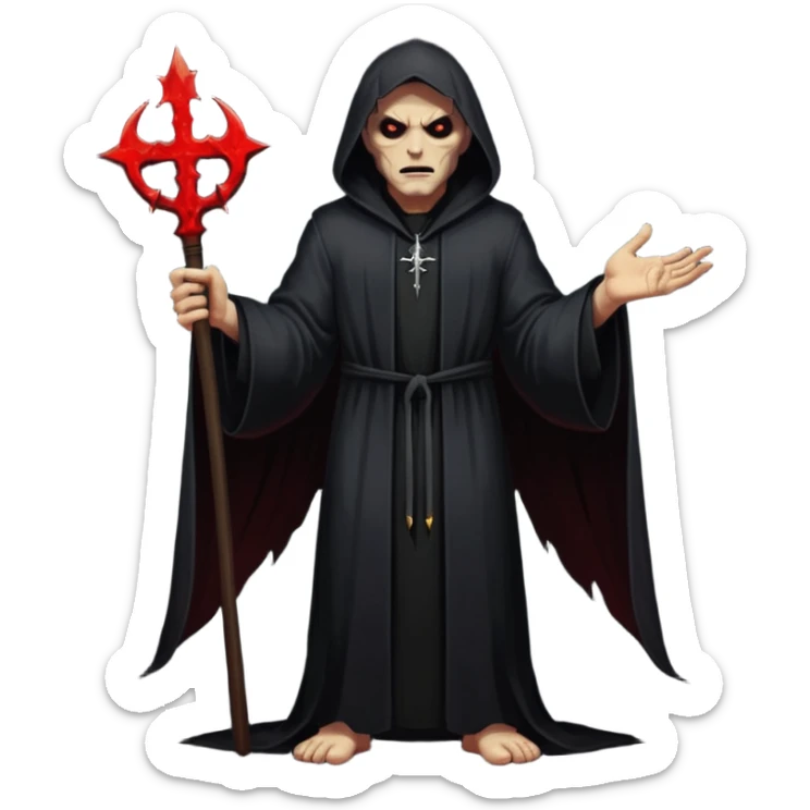 A preacher who's actually a demon.... but Noone knows it yet, in the style of your bleeding skull art. Dark gritty and menacing art style. Like in a doom game, full body sticker