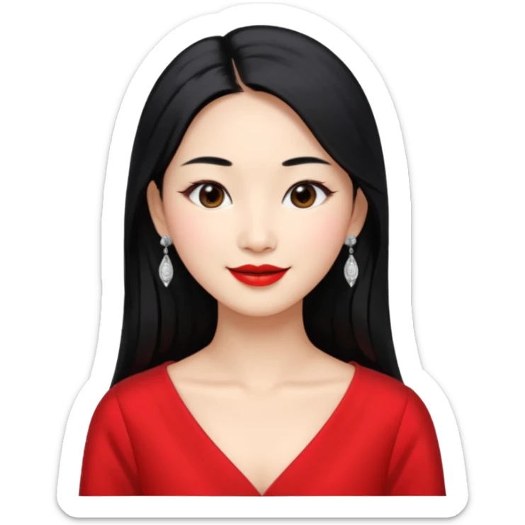 30 yr old asian woman, middle parted straight long black hair, very pretty, fancy dress, earings, red lipstick, silver earings sticker