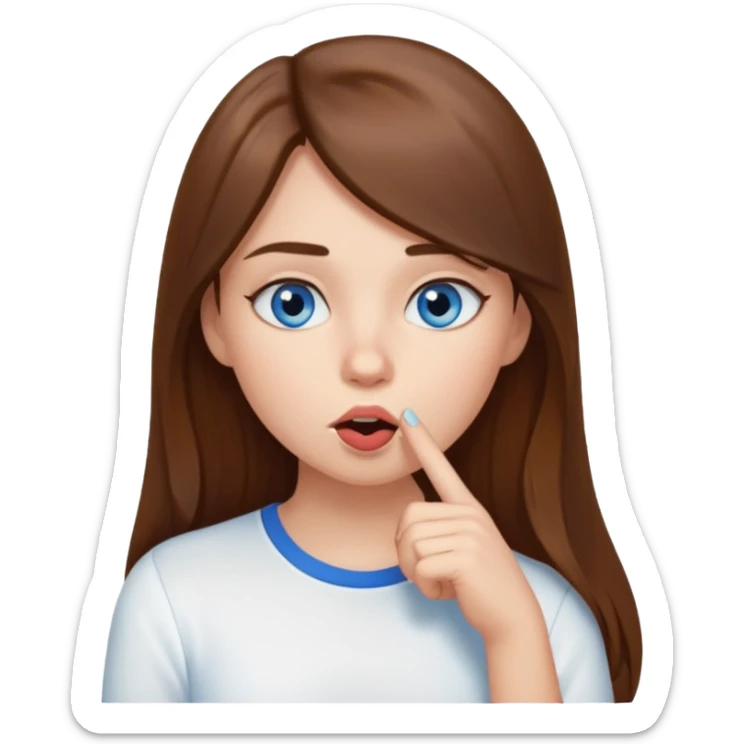 a girl with long hair, blue eyes telling to be quiet with the finger near her mouth sticker